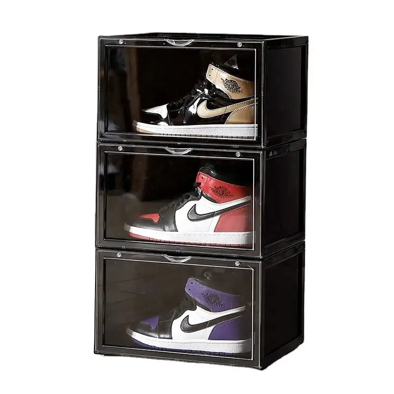 Transparent Shoe Box Storage Drop Front Magnetic Door Plastic Sneaker Box Stackable Black Clear Shoe Box