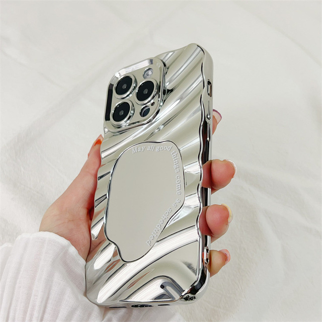 Fashion Mirror Phone case for iphone 15 16 Water Ripple Luxury Shell for Apple14 Promax Silver Foil Phone Cover for 13 Pro Wave