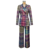 Ensemble deux pièces pour femme : Blazer à carreaux croisé à manches longues et pantalon large – Tenue de bureau professionnelle assortie