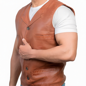 Chaleco de Cuero Genuino Marrón para Hombre |   Chaleco Clásico para Motociclistas |   Chaleco Ajustado - Product Image 2