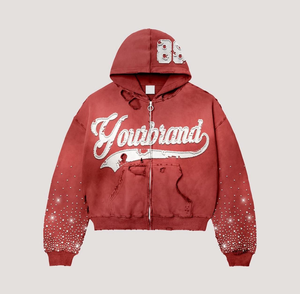 Usine Hiver Vintage Sunfaded Lavé Épais Coton Hoodies Personnalisé Distressed Broderie Hommes Coupe Régulière Zip Strass À Capuche - Product Image 2