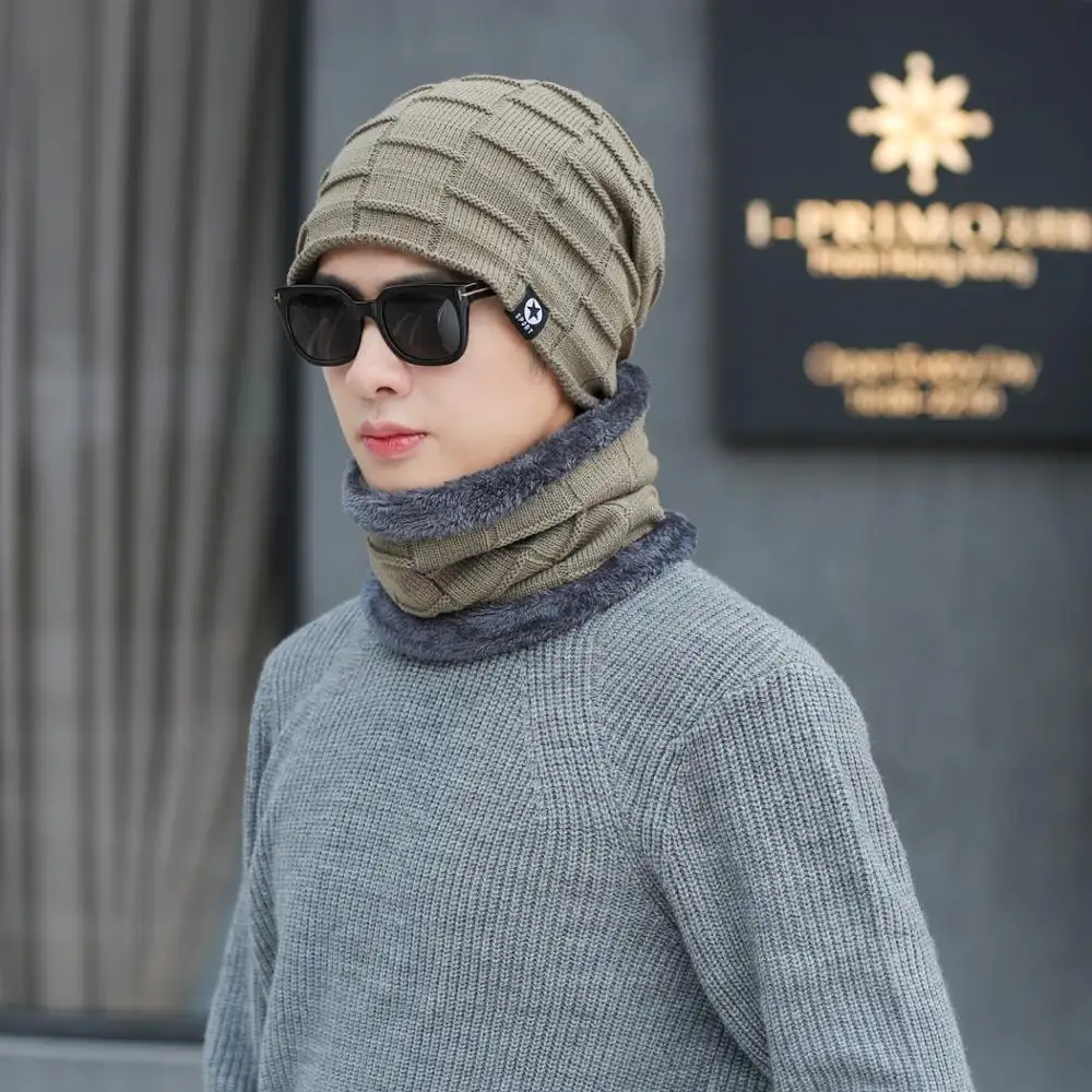 warm winter hat with Scarf Wool Lining Thick Knit beanies Beanie Cap hat bonnet Two-piece solid color Collar street tide cap