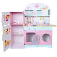 Yeni tasarımlar büyük boy ahşap mutfak setleri oyuncak toptan özelleştirilmiş pembe renk buzdolabı mutfak oyna Pretend eğitici oyuncak