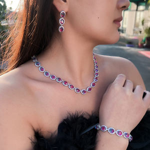 3 قطعة أنيقة قوس قزح مكعب زركونيا توباز البيضاوي إسقاط أقراط قلادة و سوار مجموعة مجوهرات هدية للسيدات حزب وصيفه الشرف - Product Image 3