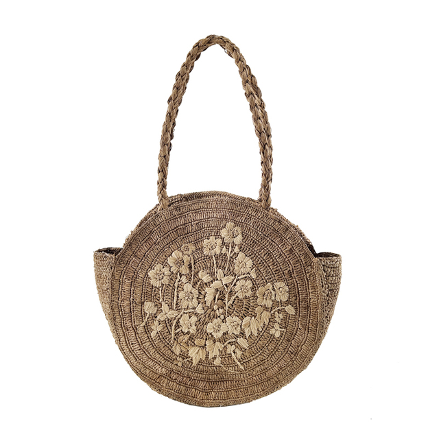 Custom Embroidered Raffia Circle Bag Handwoven Round Straw Purse, Artisan Beach Bag with Shoulder Strap, Boho Summer Clutch
