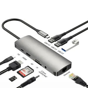 タイプC PD充電、オーディオ、ギガビットイーサネット、MacBookドッキングステーション用SDTFカードリーダーUSBCハブを備えた9 in 1 USBCからHDTVハブ