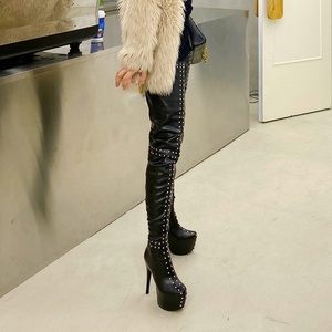 Botas de mujer de tacón alto y plataforma, ajustadas, con remaches redondos, media cremallera lateral, por encima de la rodilla, largas - Product Image 6