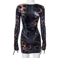 Robe Wenshuo à imprimé léopard et cloutée, mini-robe à manches longues, logo personnalisé, coupe ajustée élégante, vente en gros, directement de l'usine