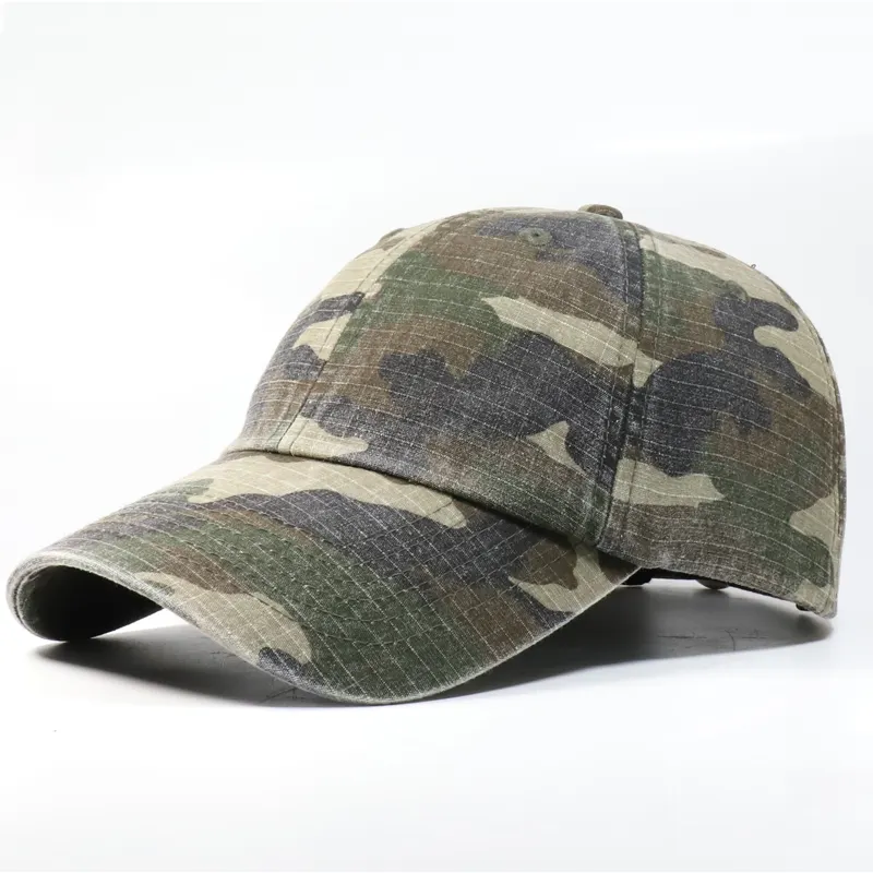 Custom Zonder Logo 6 Panel Unconstructed Gewassen Vintage Verontruste Camo Vader Hoed Baseball Cap