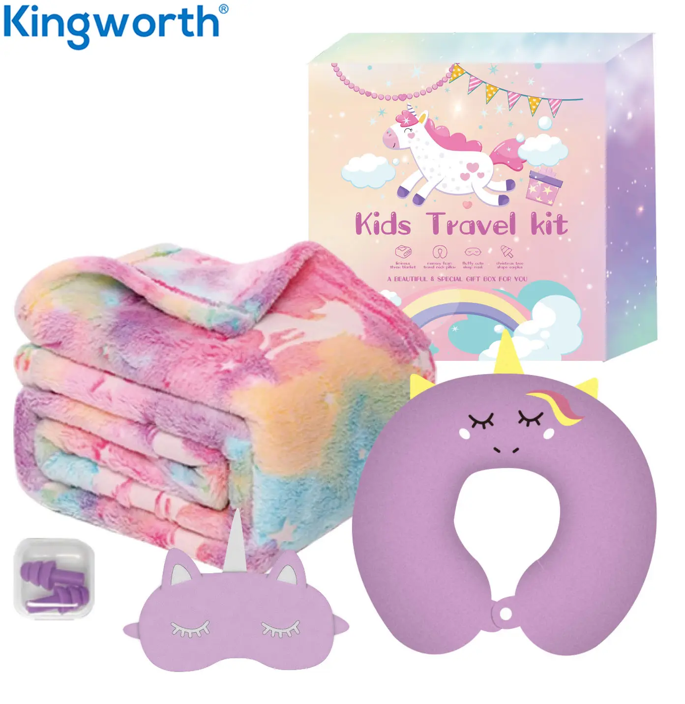 Kingworth 4 Pcs Gift Set Earplugs Eye Mask U Shaped Pillow Flannel Blanket Kids Travel Kit