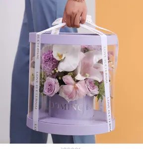 Hot Koop Clear Plastic Valentijnsdag Bloemen Gift Box Custom Logo Ronde Transparante Bewaard Rose Bloem Verpakking Lint