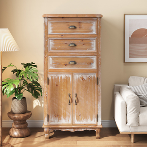 Rustic Wooden <b>Storage</b> Cabinet With 3 Drawers And Doors Tall <b>Narrow</b> Organizer For Living Room Bedroom Natural Finish - Product Image 1