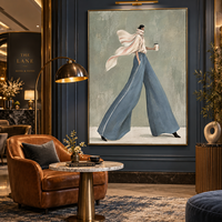 Peinture sur toile élégante de femme, pantalon large bleu, café, style de vie, art mural pour boutique, hôtel, café, bureau, décoration