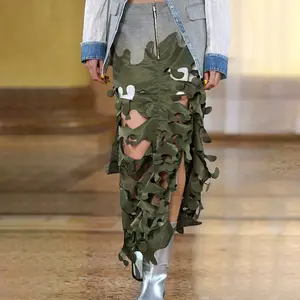 2024 New Personalized Trend Army Green Irregular Hollow Panel Camo Design Sense Women's Long Half Skirt