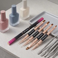 Lot de 5 pinceaux à ongles double embout 2-en-1, poils en nylon, pinceaux plats et ovales pour gel de construction avec capuchon, manche or rose, logo personnalisé