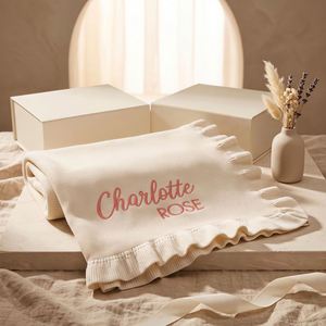 Personalized Luxurious Cotton Throw Blanket Custom Embroidery Name Text <b>Ruffled</b> Edges Soft Breathable Skin-Friendly Lightweight - Product Image 4