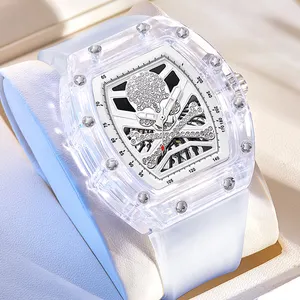 Silika Gel Otomatis Mekanik Jam Tangan Pria Hip Hop Mens Skeleton Putih Jam Tangan Pria Tonneau Hombre Relogio Masculino