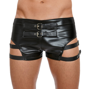 Pantalones cortos de hombre de piel sintética PU con diseño de arnés de doble hebilla y tiras, estilo bóxer con recortes, ajustados de tiro bajo, para fiesta en discoteca - Product Image 1