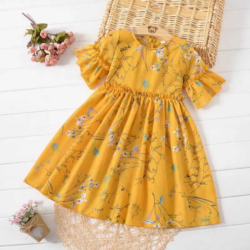 Yaz rahat Frocks tasarımlar çocuk kız şifon sarı çiçek baskılı elbise kısa kollu yürümeye başlayan elbiseler