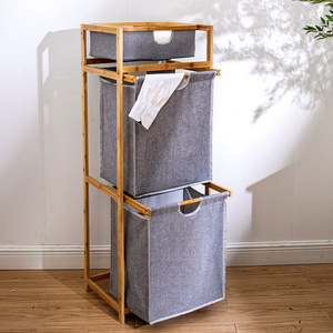 Bamboo Wood <b>Laundry</b> Storage Rack 3 Tier Gray Canvas Clothing Organizer <b>Standing</b> Space Saving - Product Image 3