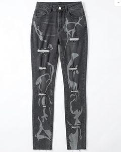 Jean taille haute décontracté pour <span class=keywords><strong>femme</strong></span> Wangsheng, coupe classique, délavé vintage, déchiré, avec poches zippées, en denim extensible et respirant, style crayon - Product Image 1