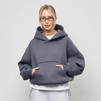 Sweat-shirt court à capuche pour femme avec cordon de serrage à la taille, couleur unie, manches longues, poche kangourou, idéal pour l'automne