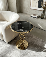 Table d'appoint de luxe italienne à anneaux, plateau en marbre noir et or, table d'appoint artistique pour salon de villa