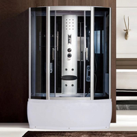 Cabine de douche à vapeur moderne de luxe en aluminium noir avec glissières en verre trempé, LED, hydromassage et baignoire intégrée