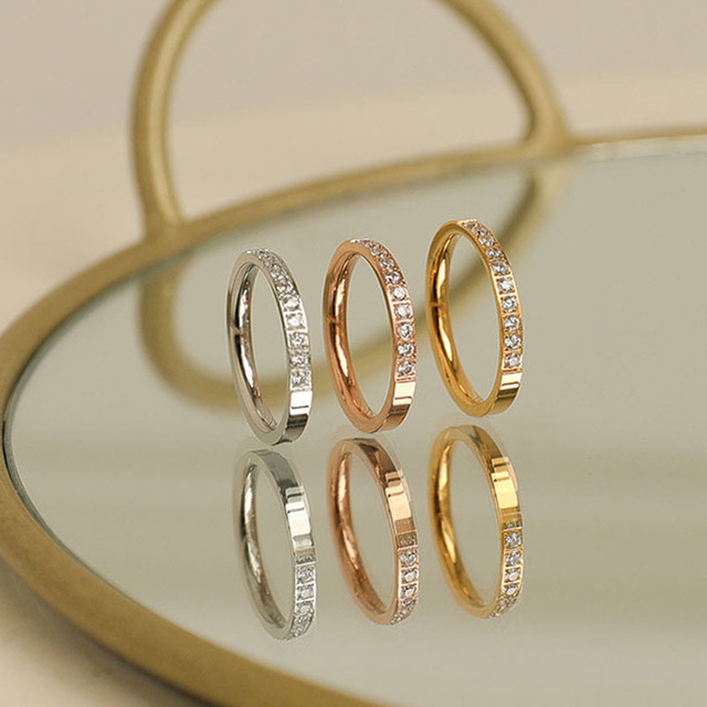 Simple Micro Diamond Stones Minimalist Inlay Women's 18K Rose Gold Plated Ring
