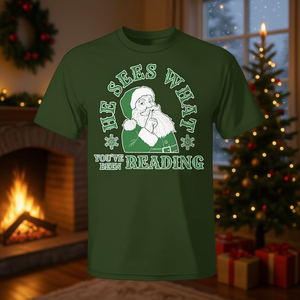 Camiseta navideña He Sees What You've Been Reading, verde, para hombre, talla XL - Product Image 3