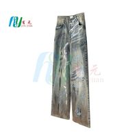 Personnalisé bleu foncé peint à la main Graffiti Baggy Jeans homme ample jambe large mode décontracté Denim coupe droite Jeans hommes