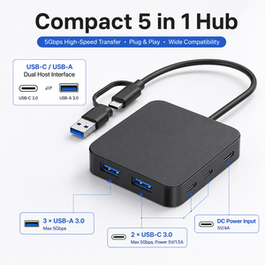 Hub USB C 5 en 1 a 5 Gbps, 2 Puertos Host Duales a 3 USB 3.0, 2 Tipo C, Divisor con Puerto <span class=keywords><strong>de</strong></span> Carga <span class=keywords><strong>de</strong></span> 5V 4A, Adaptador para Laptop - Product Image 3
