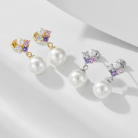 Boucles d'oreilles pendantes romantiques en argent S925 plaqué or 14 carats avec perles multicolores et zircons cubiques, grappe de perles florales en argent sterling 925