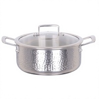 Marmite à soupe en acier martelé triple couche de 20-28 cm avec couvercle en verre à rebord large, ustensile de cuisson en acier inoxydable pour cuisinière à gaz et électrique