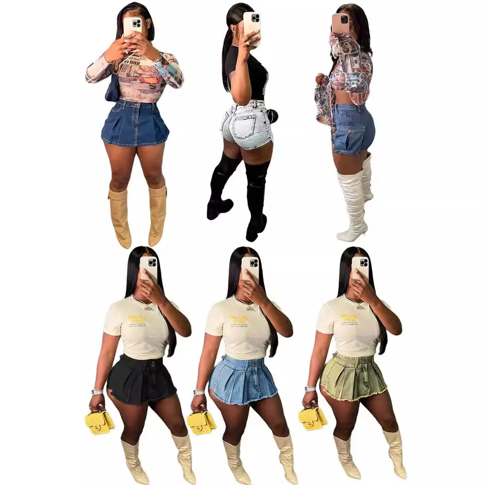 تنورة دينم مثيرة للنساء بموضة جديدة من Peeqi 8205، جيوب مغسول، كيلويت قصير بطية صدر، تنورة جينز أنيقة، ملابس دينم للنساء