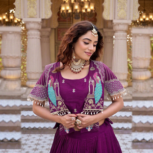 Designer Royal Wine Printed Lehenga Choli with Embroidered <b>Jacket</b> Set | Festive Wear Traditional Navratri & <b>Wedding</b> Garba Chan - Product Image 1