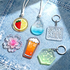Custom Acrylic Keychain Collection Plastic Crafts Strawberry Lemon Fish Ocean Summer Text Flower Charm Beer Glass Festive