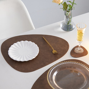 Leather Placemat Heat Insulating Anti Scalding Oil Resistant <b>Table</b> Mat Solid Color Oval Shape for Dining Use - Product Image 2