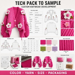Cárdigan de punto grueso de manga larga para mujer, diseño de <span class=keywords><strong>flores</strong></span> bordadas <span class=keywords><strong>con</strong></span> lazo rosa y técnicas de ganchillo, cuello en V, ideal para invierno. - Product Image 2