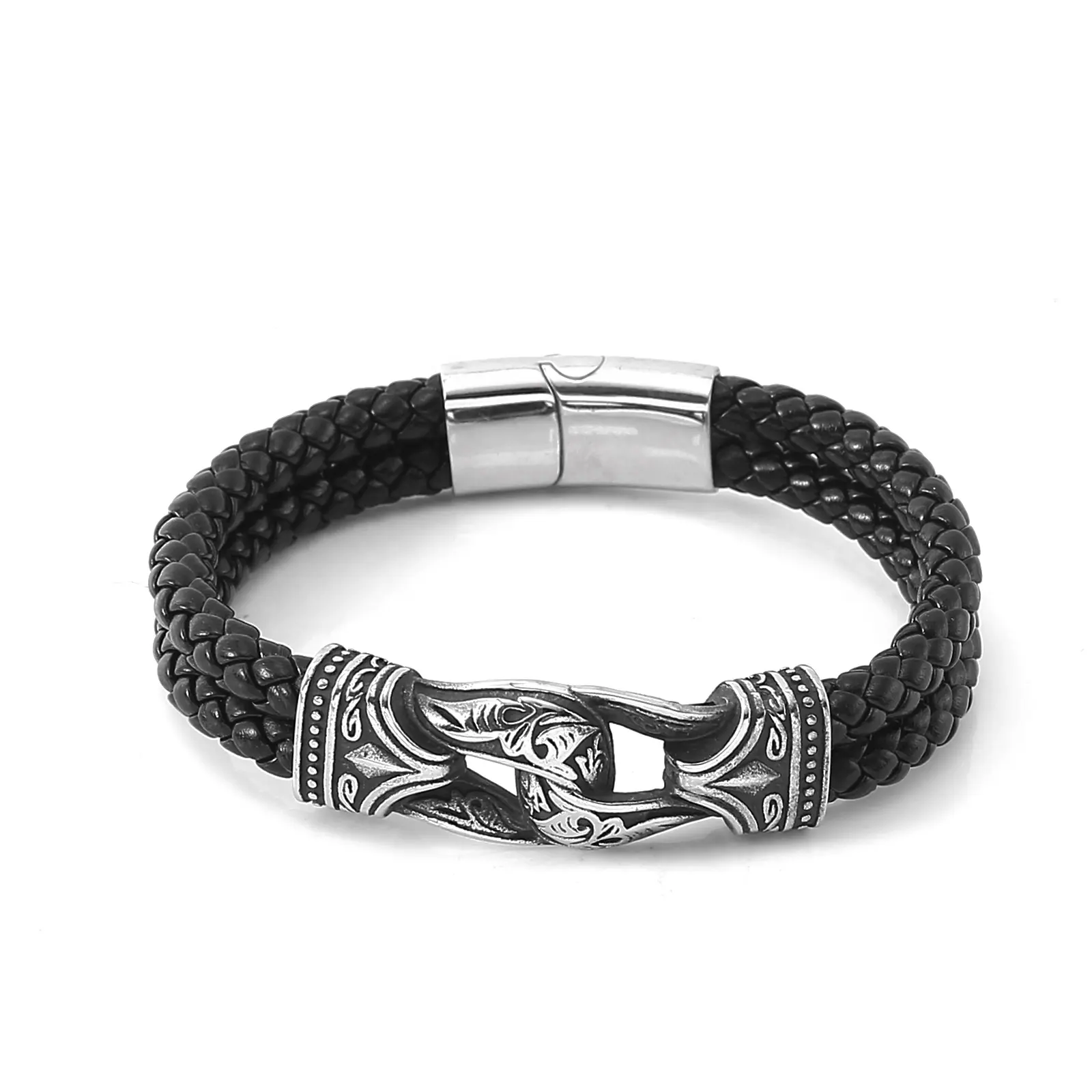 Northern Viking Jewelry Stainless Steel And Leather Baldr Bracelet Norse Leather Arm Cuff Mens