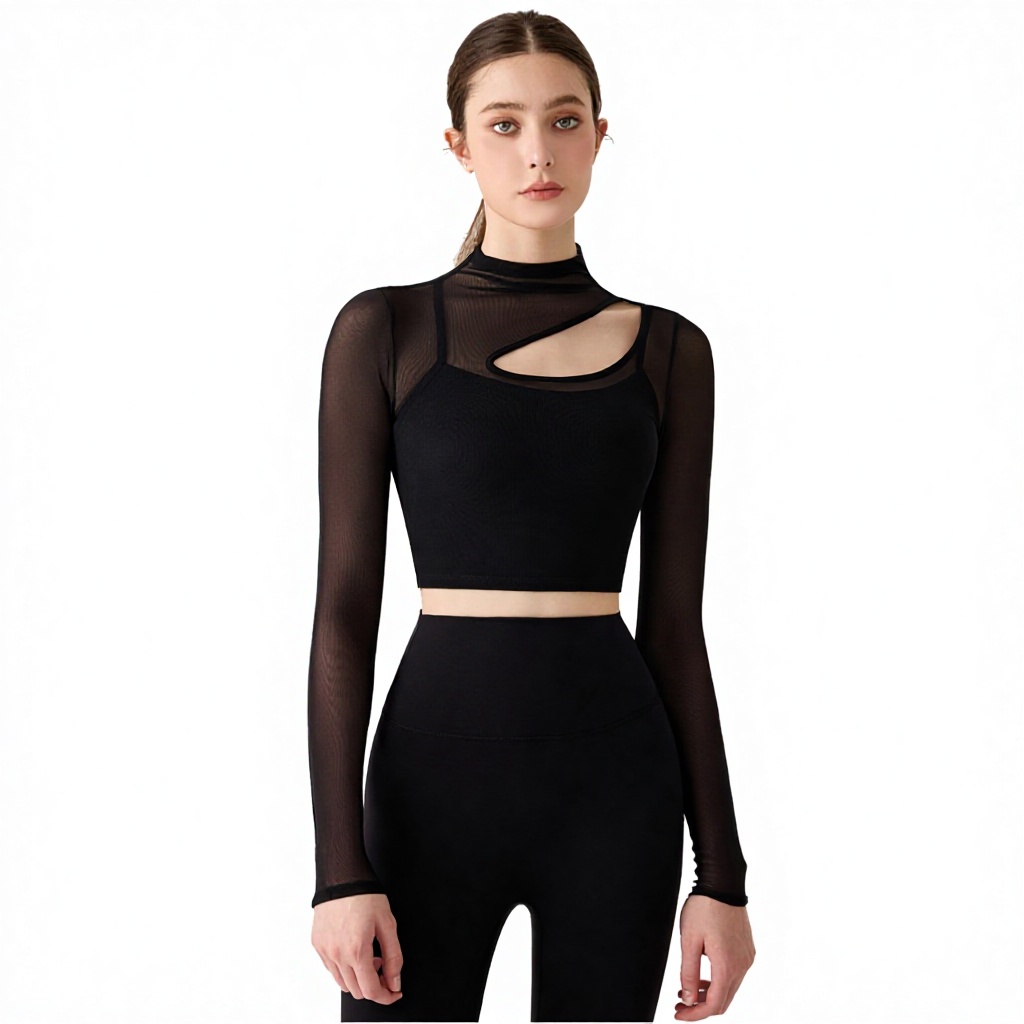 Women's Lightweight Breathable Spandex Mesh High-Neck Yoga Tops-Fitness Seamless Workout Shirts