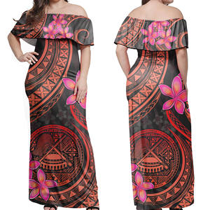 Puletasi samoan naturel longueur ras du sol, style bohème polynésien tribal, motif plumeria tatoué, épaules dénudées, personnalisé, vente en gros économique - Product Image 2