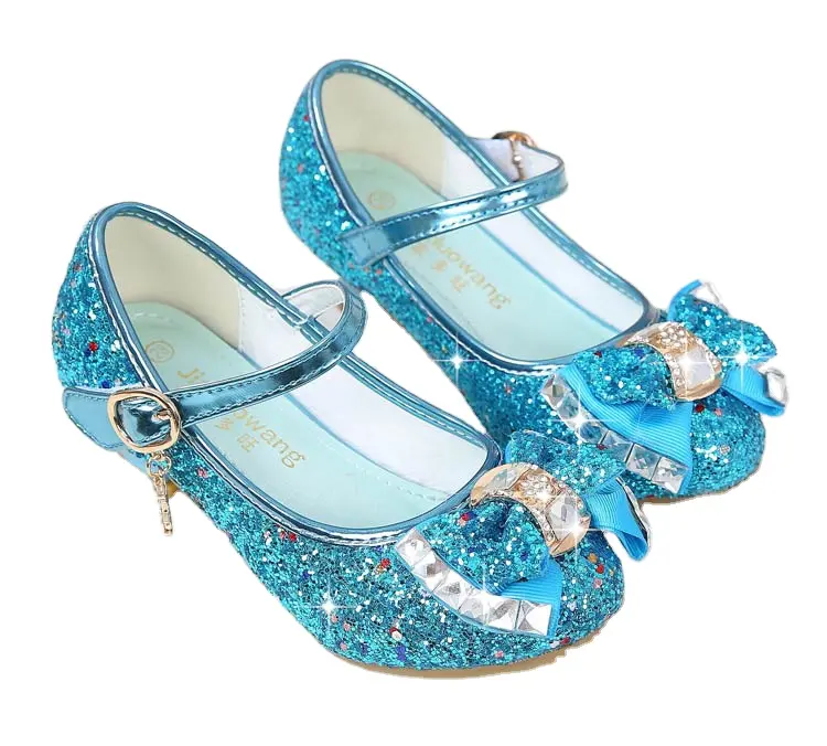 Zapatos pequeños de tacón alto para niñas con lazo superior de lentejuelas decorados zapatos de baile para niños