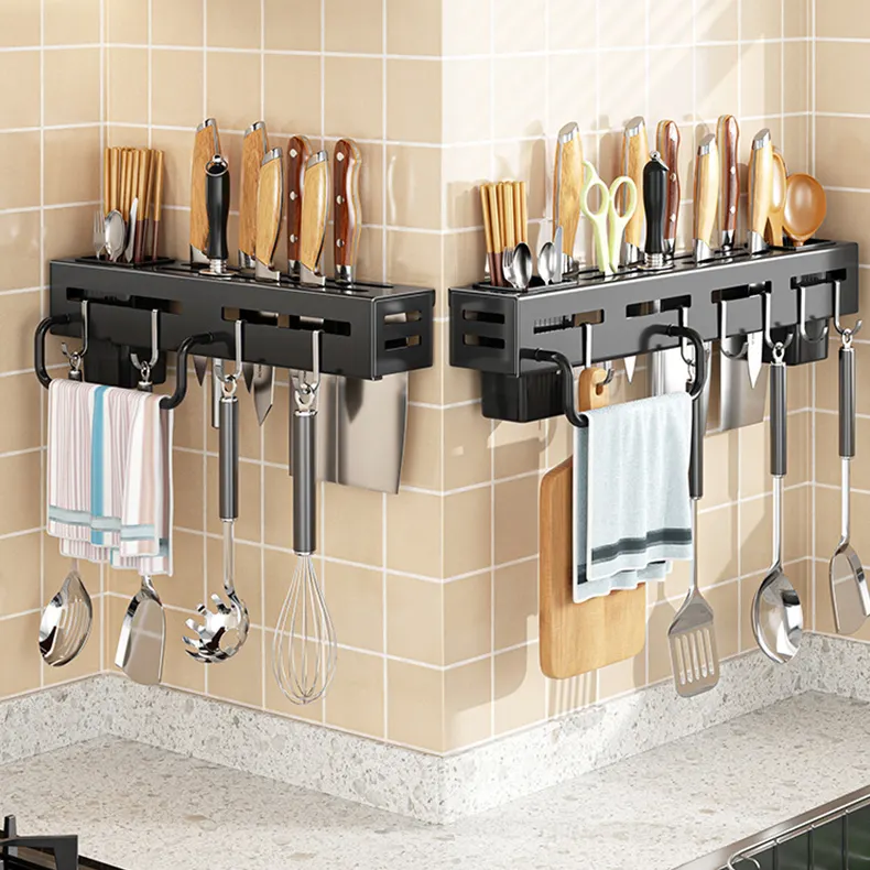 Rack de cozinha de aço inoxidável inovador, organizador multifuncional para utensílios diversos e porta-facas de parede