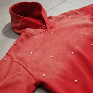 Custom <b>Men's</b> <b>Red</b> Hooded <b>Sweatshirt</b> Rhinestone Sun Faded Oversized French Terry 100% Cotton Casual Autumn Wear - Product Image 5