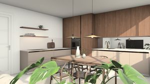 Meubles de cuisine modernes en bois chaud texturé, lignes épurées et lumière naturelle douce, noyer gris <span class=keywords><strong>Achat</strong></span> - Product Image 4