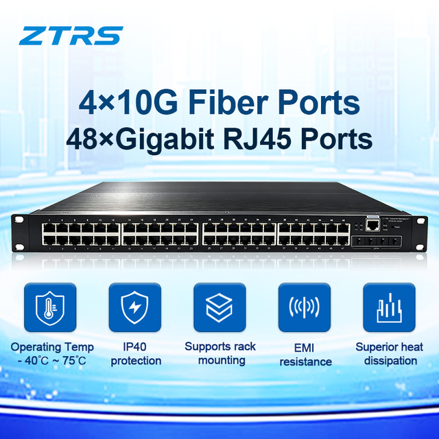ZTRS 48-port 1000M Ethernet Switch + 4 10 Gigabit SFP Ports L3 Managed Industrial-grade Switch That Supports VLANs, QoS, Web