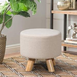 Pufê Redondo com Tampa Removível, Apoio para os Pés, Banco de Linho Estofado com Pés de Madeira Antiderrapantes - Product Image 2