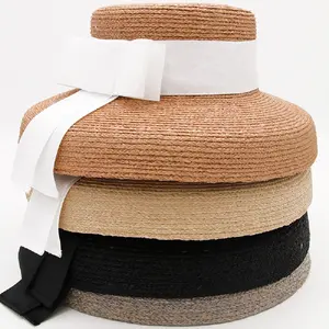 K Sombrero de cubo hecho a mano trenzado fino de rafia elegante de gama alta estilo Hepburn más popular