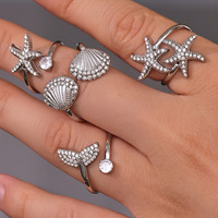 Bague ouverte en acier inoxydable fin, incrustée de zircons, plaquée or 18 carats, motif étoile de mer et coquillage, pour femme, style influenceur